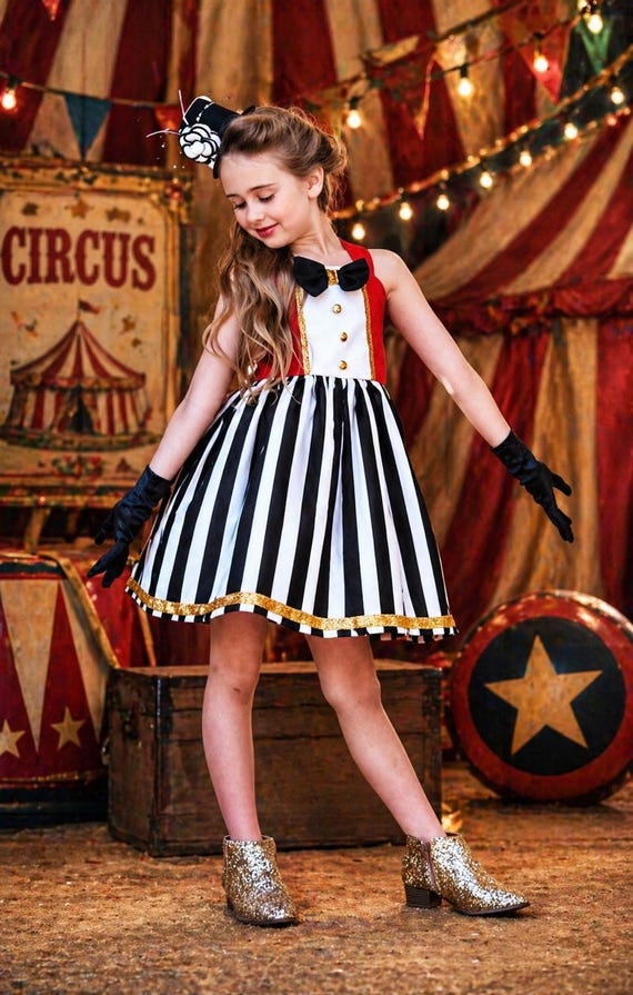 black and white striped dress costume Girls' Circus Dress, Ringmaster Outfit, Twirly Skirt Set Option:Dress/Jewel Sash Style:ST5114D Reiss Chevron-Stripe Ruched Midi Period Clothing