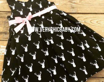 Reinder Dress, Christmas Dress Girls, Deer Dress for Girls, Girls Deer Dress, Black and White Deer Dress