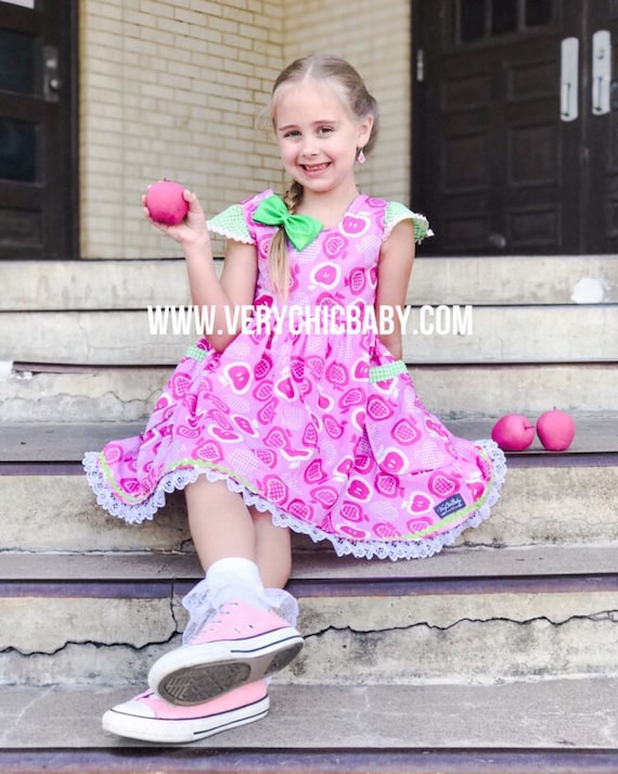 pink apple dress Pink Apple Dress, First Day of School Dress, Back to School Outfit, Kindergarten Dress, Preschool Dress, Picture Day Dress