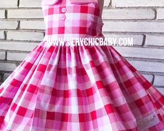 Pink Red Gingham Dress | Valentine Twirl Dress | Cottagecore Boutique Dress | Vintage Inspired Girls Dress | Halter Sundress