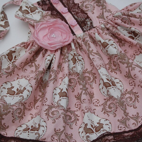 Easter Dress Chocolate Bunny Damask Rabbit Twirly Boutique Lace and Ruffles