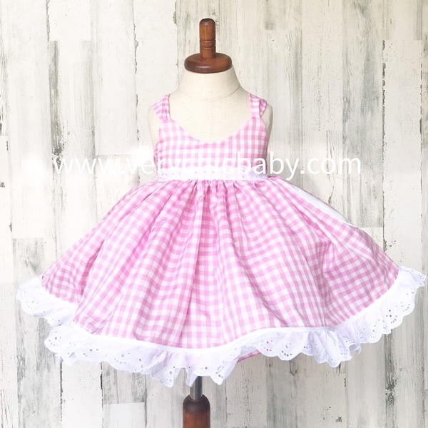 Pink Gingham Dress for Girls, Vintage Country Dress, Eyelet Lace Dress, Farm Birthday Outfit, Toddler Twirl Dress, Summer Picnic Dress
