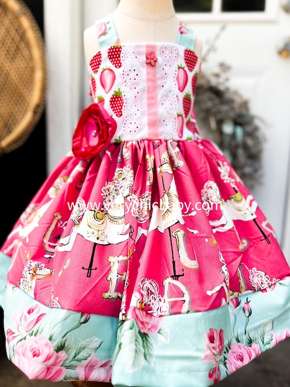Pink Carousel Dress, Strawberry Halter Dress, Girls Birthday Outfit