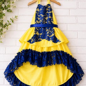 descendants 2 mal blue and yellow dress 2t Costume Black Belle Garden Lace girls blue gingham dress low skirt create a Velvet Colors:Mauve 708