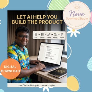 May include: A person wearing a colorful patterned shirt sits at a desk using a laptop. The screen displays text including LET AI HELP YOU BUILD THE PRODUCT and a process flow. A book titled AI DIGITAL PRODUCT BLUEPRINT sits on the desk.