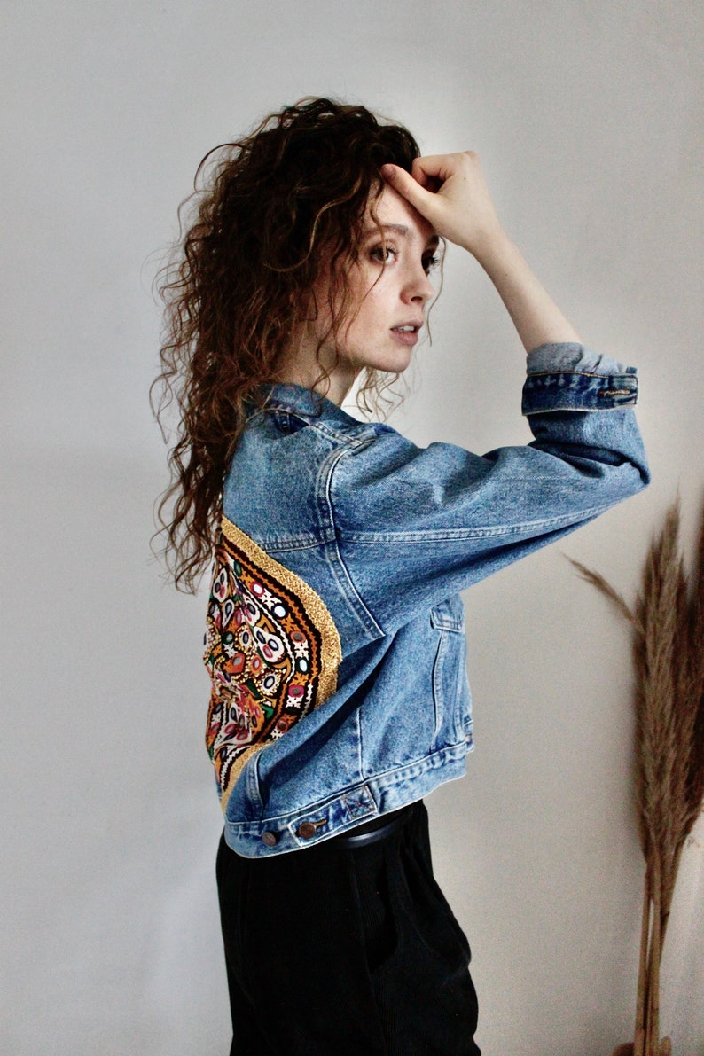 Vintage denim jacket vintage tribal jacket embroidered boho Indian love heart jacket Tribal jacket