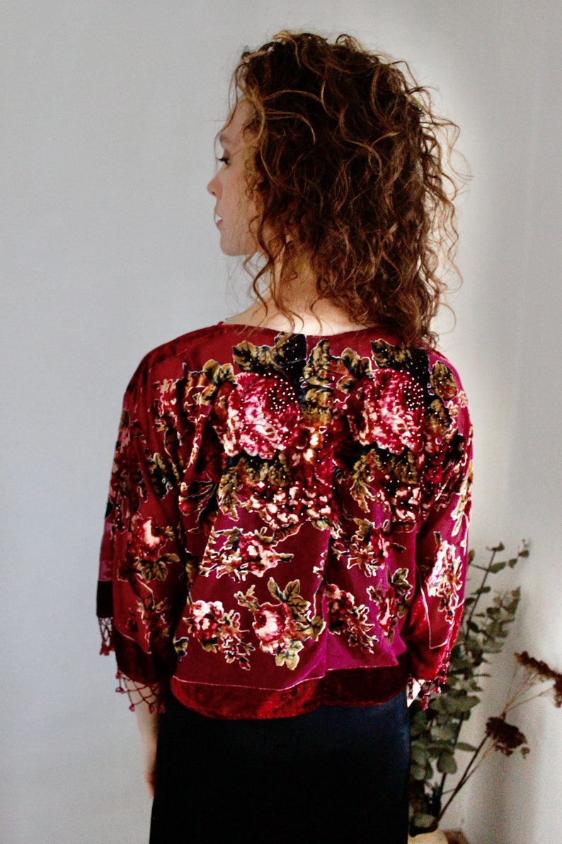 Burnout Top Beaded Top Floral Burnout Top Burgundy Party Top Festive Top Beaded Floral Kimono Top