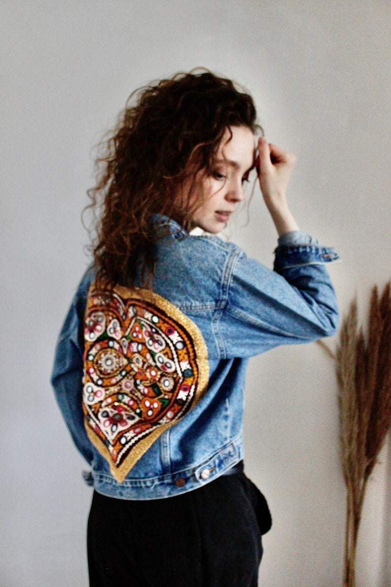 Vintage denim jacket vintage tribal jacket embroidered boho Indian love heart jacket Tribal jacket