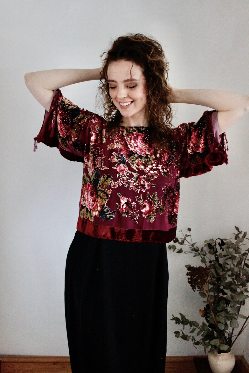 Burnout Top Beaded Top Floral Burnout Top Burgundy Party Top Festive Top Beaded Floral Kimono Top
