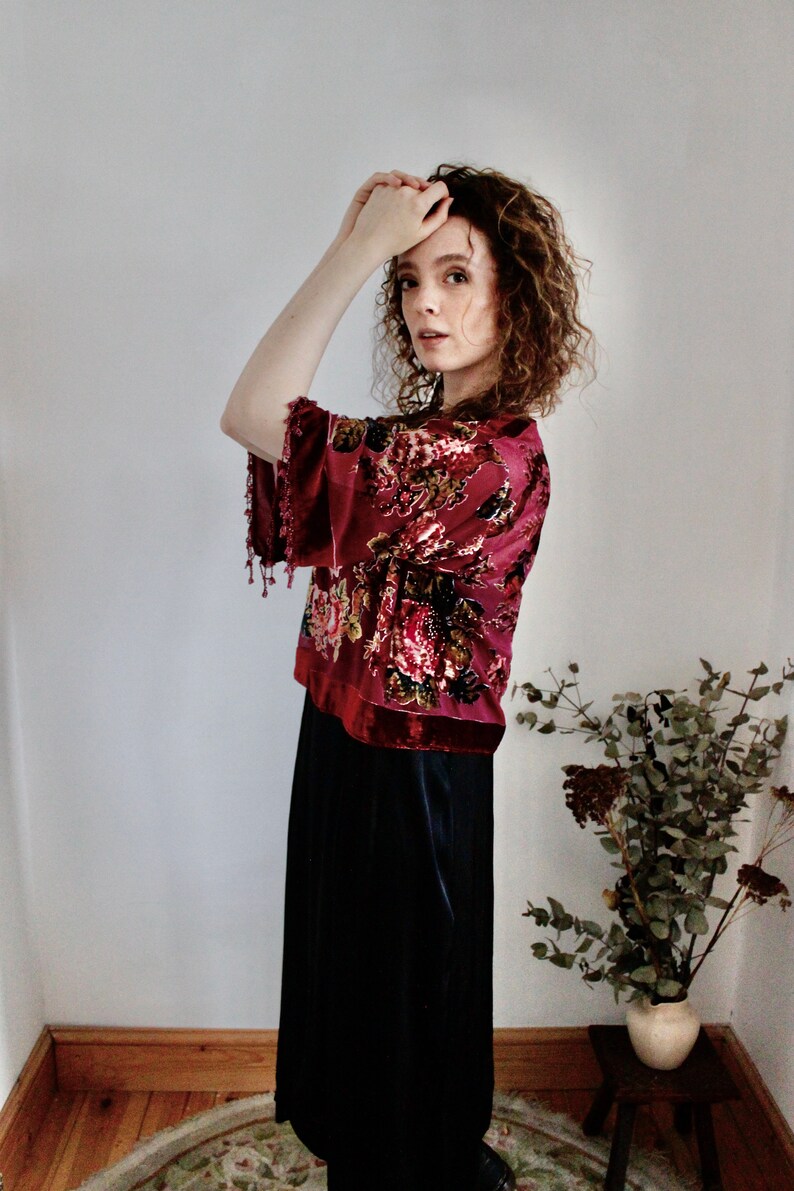 Burnout Top Beaded Top Floral Burnout Top Burgundy Party Top Festive Top Beaded Floral Kimono Top