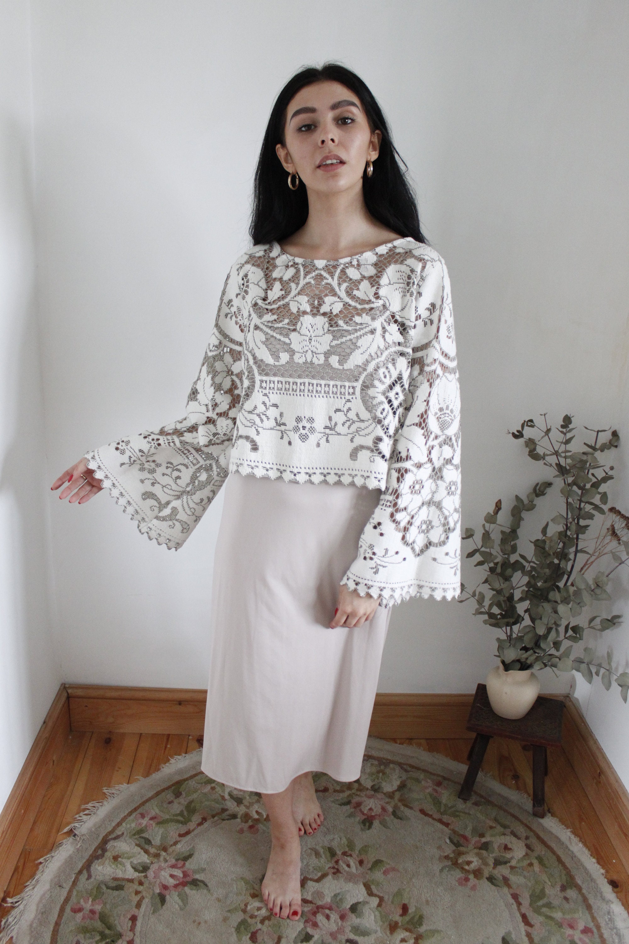 Image of Angel Sleeve Top, Lace Top, Crop Bridal White Lace, Bell Sleeve, Boho Clothing Women, Chic, Sheer Top