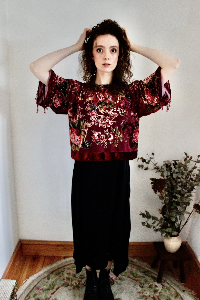 Burnout Top Beaded Top Floral Burnout Top Burgundy Party Top Festive Top Beaded Floral Kimono Top