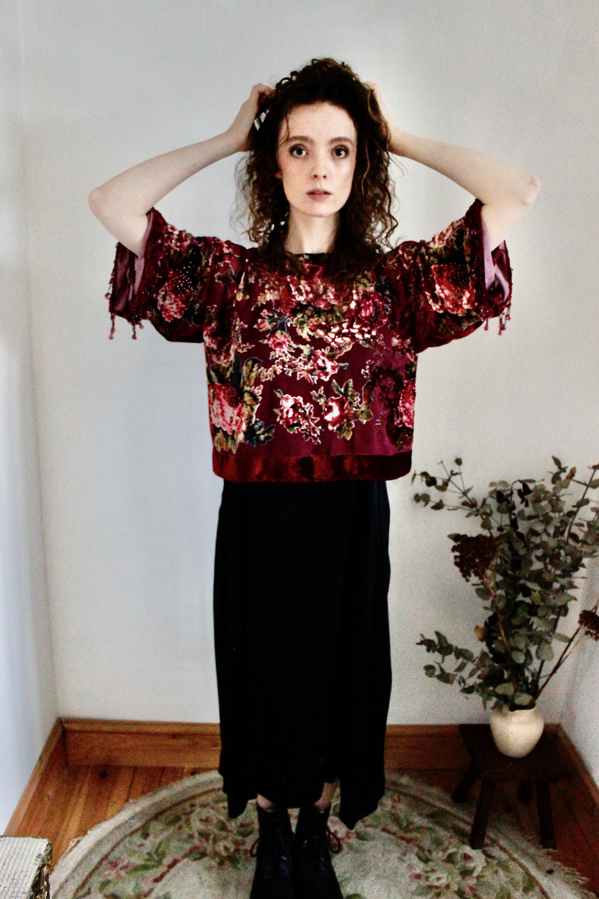Image of Beaded Floral Kimono Top, Burgundy Party Burnout Festive Top