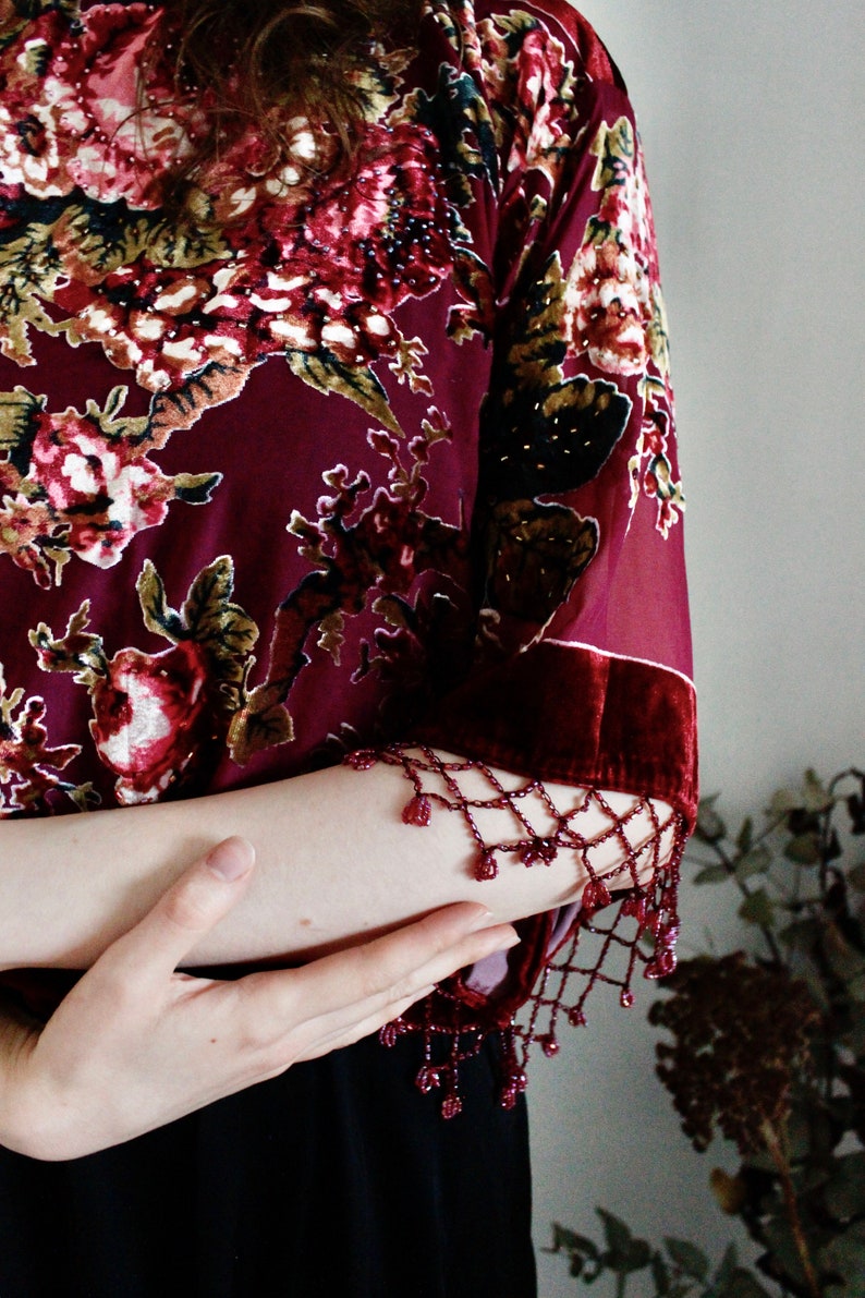 Burnout Top Beaded Top Floral Burnout Top Burgundy Party Top Festive Top Beaded Floral Kimono Top