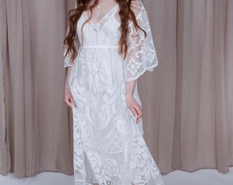Lace Dress Bohemian, Bridal lace dress, long vintage lace wedding dress