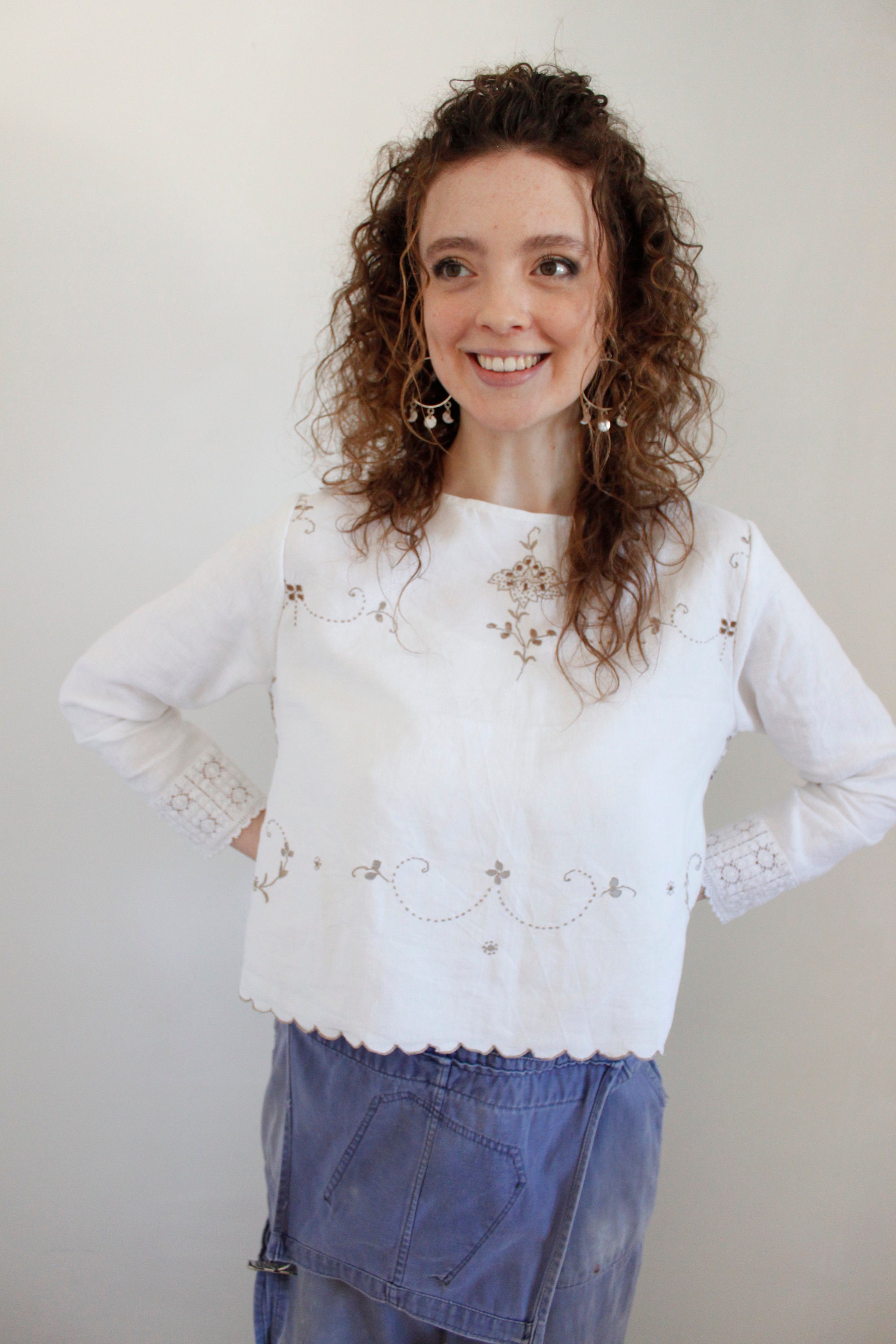 Image of Embroidered Linen Long Sleeved Top With Lace