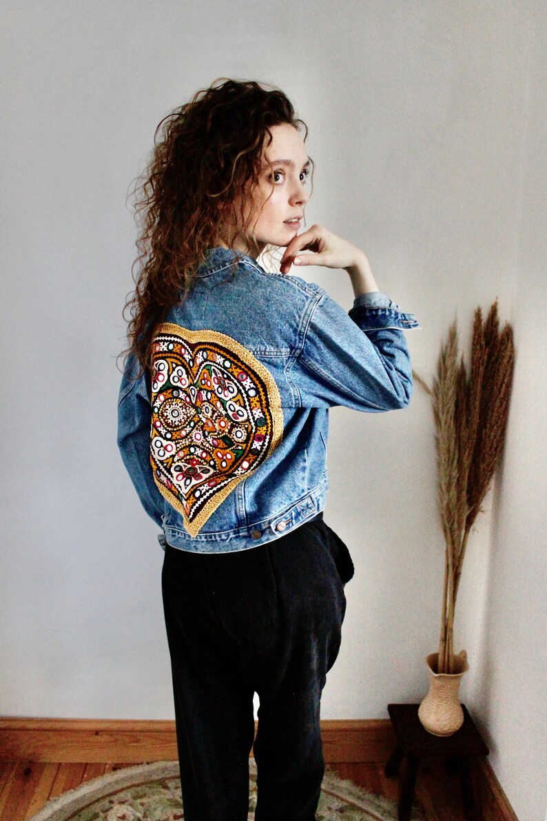 Vintage denim jacket vintage tribal jacket embroidered boho Indian love heart jacket Tribal jacket