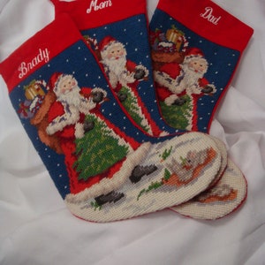 Needlework Christmas Stocking Set 3 Vintage Mom Dad Brady Lillian Vernon Santa Personalized