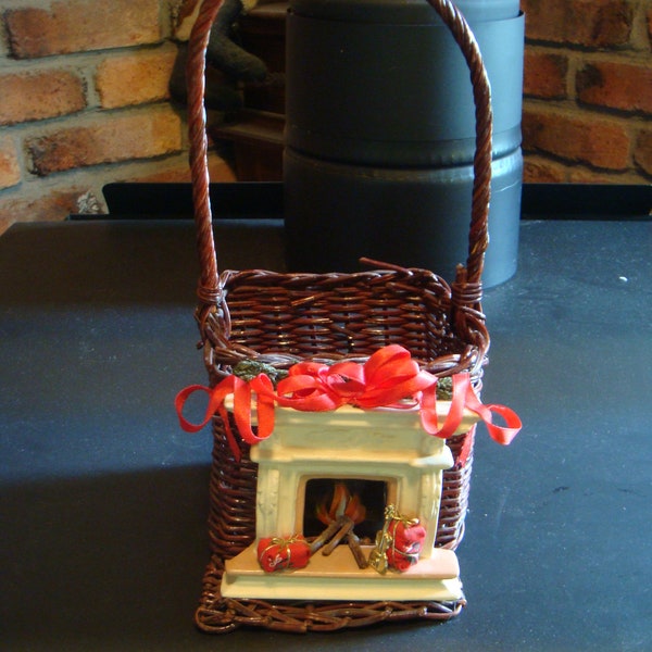 Wicker Basket Fireplace Mantel Decoration Centerpiece Christmas Vintage