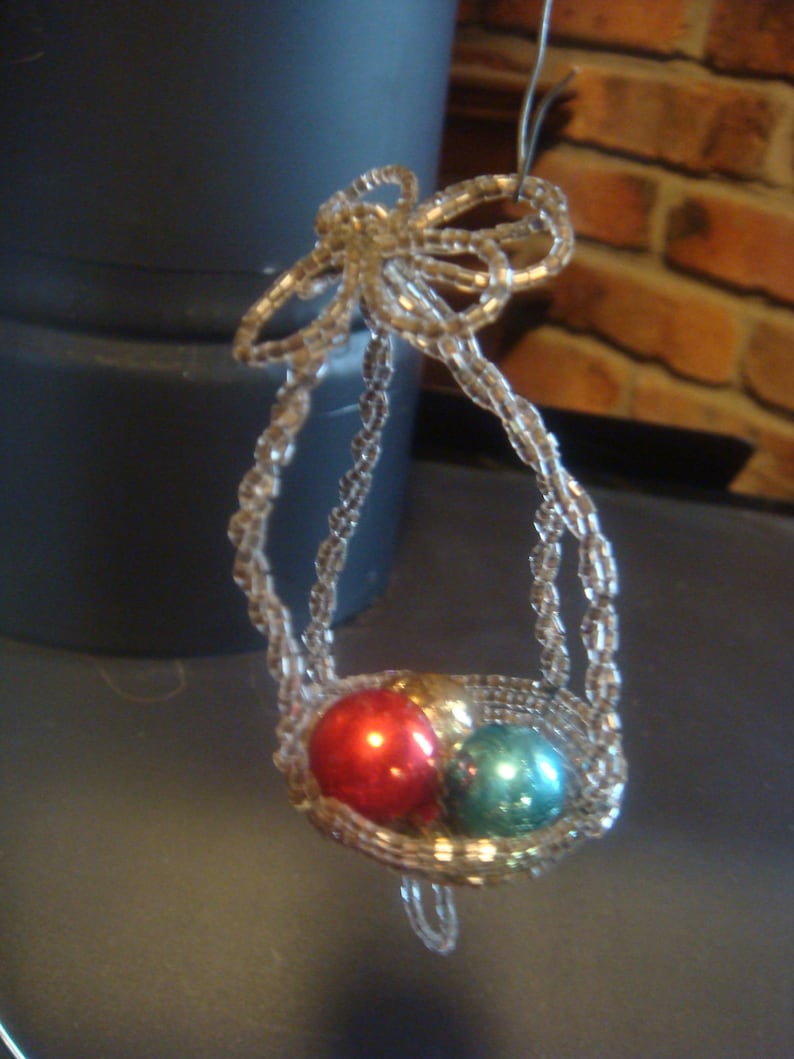 Beaded Bird Nest Ornament Vintage Christmas