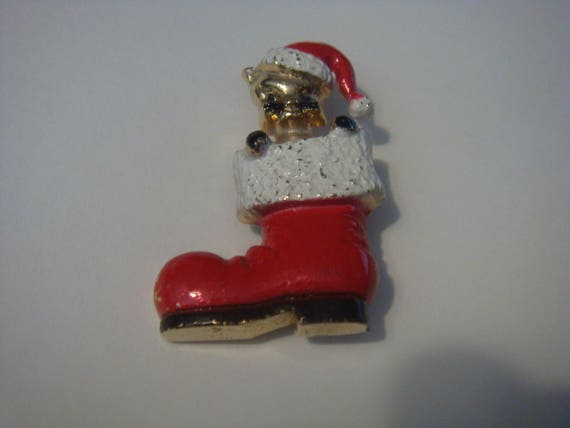 Santa Cat in Hat in Boot Vintage Brooch Enamel Un… - image 1