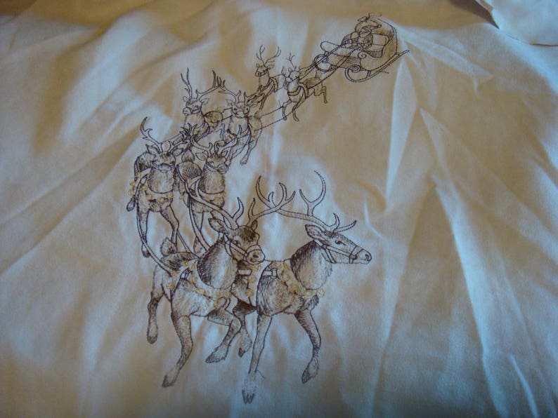 Santa sleigh reindeer partially complete embroidery fabric etsy Santa sleigh reindeer partially complete embroidery fabric etsy