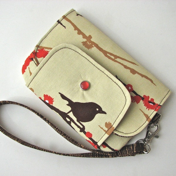 iPhone Wristlet, iPhone wallet in Joel Dewberry Sparrows in Bark