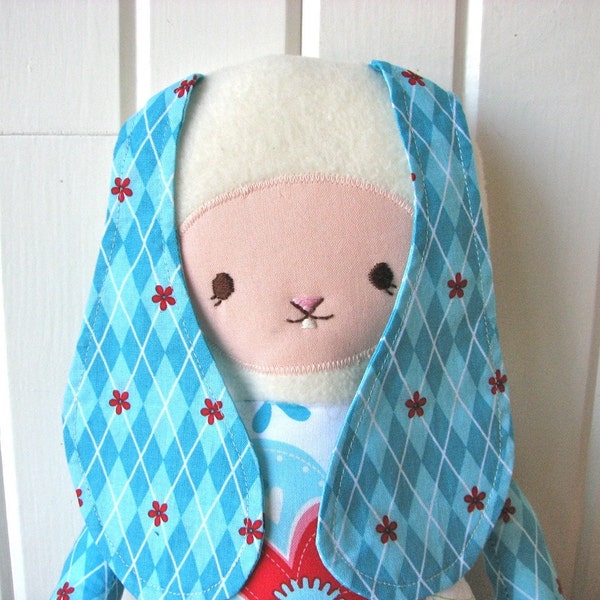 Cloth Doll Bunny in Blue, Red and White Floral with blue argyle - RESERVED FOR JANET