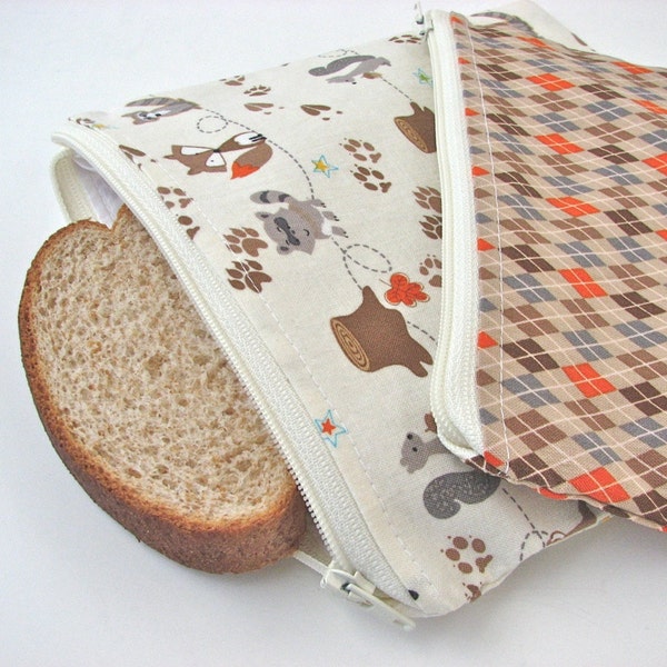 Reusable Snack Bag and Sandwich bag set of 2 in Woodland animals and argyle - MADE TO ORDER