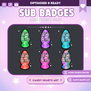 May include: A graphic featuring six colorful lava lamp designs with ghost-like patterns. The lamps are in shades of green, purple, blue, red, pink, and a rainbow gradient. Text includes "SUB BADGES" and "CANDY HEARTS ART".