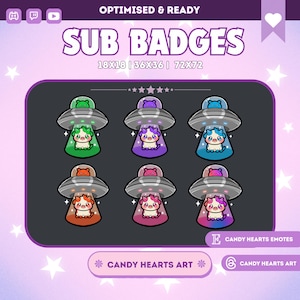 May include: A graphic featuring six colorful sub badges. Each badge depicts a cute alien character inside a spaceship. The badges are in green, purple, blue, orange, pink, and a mix of pink and purple. Text at the top reads "SUB BADGES".