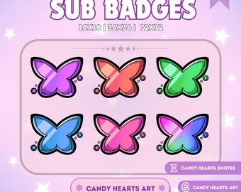 Puede incluir: Gráfico digital que presenta seis insignias de suscripción con forma de mariposa en varios colores: morado, coral, verde, azul, rosa y una mezcla de azul y verde. El texto "SUB BADGES" está en la parte superior, con especificaciones de tamaño. También incluye el texto "CANDY HEARTS ART" y "CANDY HEARTS EMOTES".