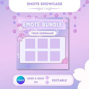 Puede incluir: Una plantilla digital de presentación de Emote Bundle con un fondo degradado suave en morado y rosa. El diseño presenta el texto "EMOTE BUNDLE" y "YOUR USERNAME". La plantilla incluye seis marcadores de posición cuadrados para emotes, adornados con detalles florales y el logotipo de Canva.