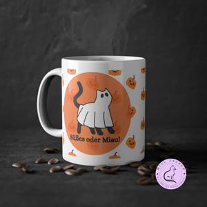 Halloween mug with saying | Trick or Meow | Cat in a ghost costume | Funny gift idea for cat lovers | Trick or Treat