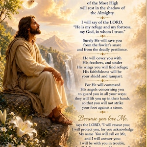 Op de afbeelding: Een religieuze poster met de tekst van Psalm 91 naast een illustratie van een figuur in gewaden zittend op een rots boven een waterval, met een witte duif erboven en witte lelies op de voorgrond onder een gouden lucht.