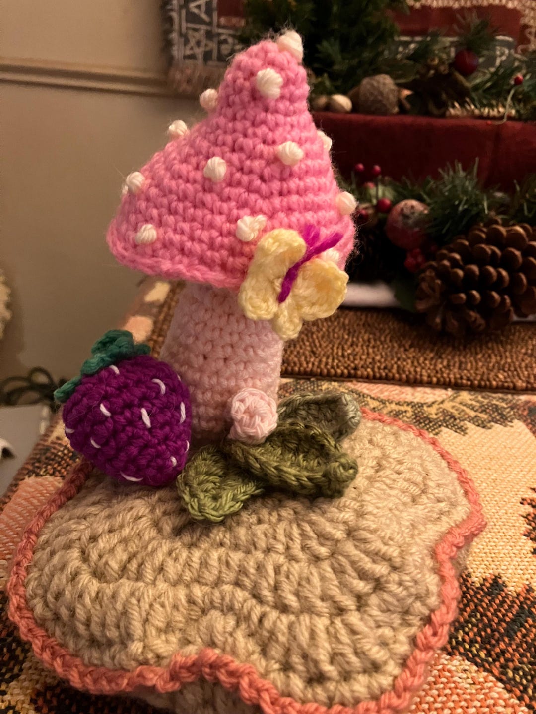 Mushroom, Pear, and Strawberry Cushions