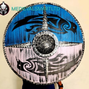 Battle-Scarred Wooden Viking Shield: Raven & Fenrir, Home Decor