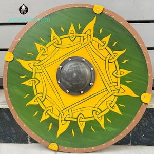 Viking Round Shield – Handcrafted Wooden Shield with Green & Yellow Norse Knot Design – Medieval Battle Reenactment and LARP Gear.