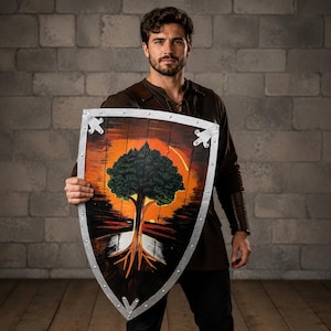 May include: A kite-shaped wooden shield featuring a painted scene of a green tree with visible roots against an orange and black sunset background. The shield has a silver-coloured metal border secured with rivets along the outer edge.