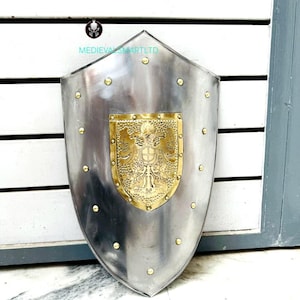 Medieval Knight Shield with Brass Eagle Emblem – Steel Crusader Heater Shield – Wall Décor & Cosplay Prop – LARP, Renaissance Faire.