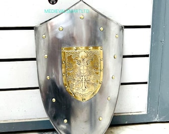 Medieval Knight Shield with Brass Eagle Emblem – Steel Crusader Heater Shield – Wall Décor & Cosplay Prop – LARP, Renaissance Faire.
