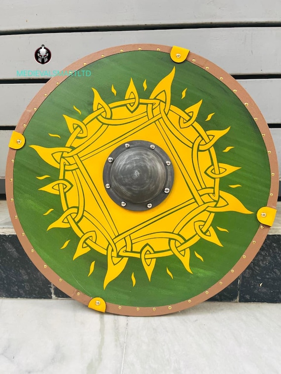 Handcrafted Viking Round Shield: Green Norse Knot Design, LARP Reenactment
