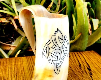 Viking Horn Mug Warrior - Hand Engraved - 100% Authentic Beer Horn Mug -Best Gift For Loves Once.