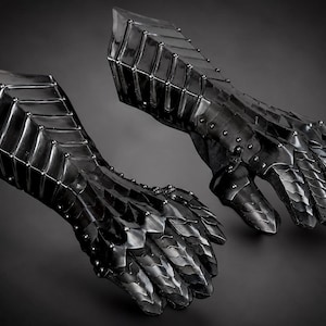 May include: A pair of articulated black metal gauntlets featuring overlapping plates, a pointed cuff design, and small rivets securing the layered segments. These protective hand coverings have a polished dark finish and a segmented finger structure.