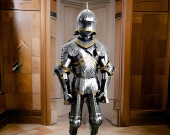 May include: A full suit of silver armor with gold accents. The armor is standing on a tiled floor in a room with wooden walls.