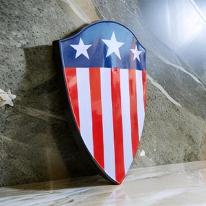 Puede incluir: Un escudo rojo, blanco y azul con cinco estrellas blancas. El escudo est&aacute; hecho de pl&aacute;stico y tiene un borde negro.