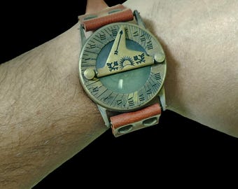 Brass Nautical Sundial Watch with Leather Strap