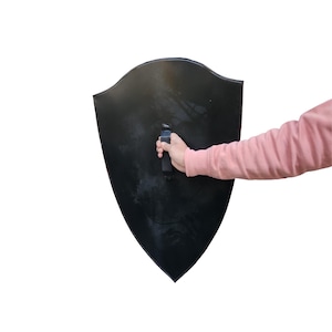 Puede incluir: Un escudo negro con un asa, sostenido por una mano que lleva una camisa rosa de manga larga.