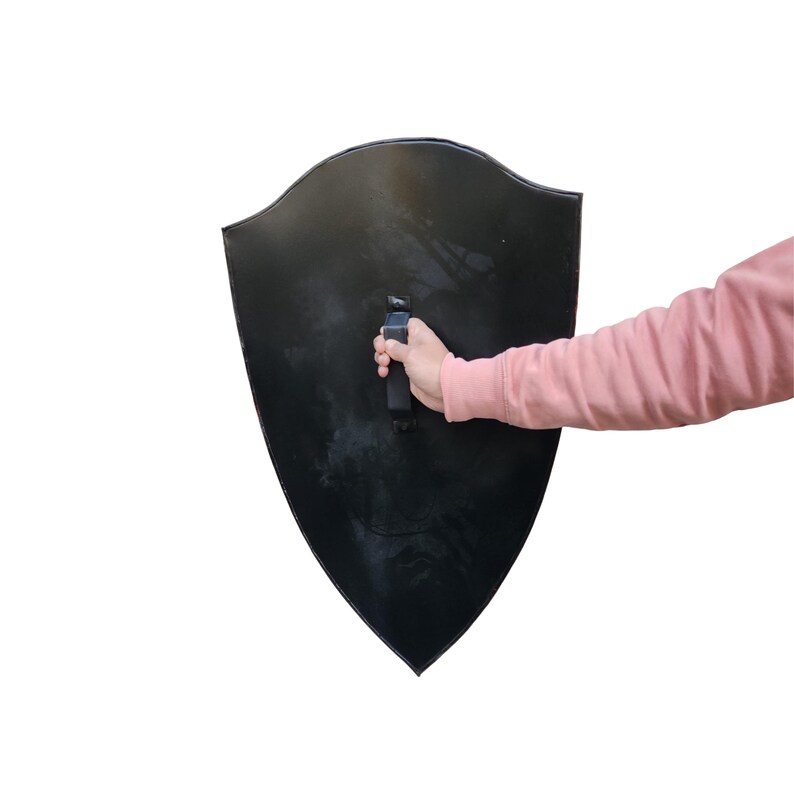 Puede incluir: Un escudo negro con un asa, sostenido por una mano que lleva una camisa rosa de manga larga.