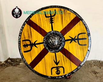 Handmade Viking Wooden Battle Shield: Yellow & Red Norse Runes, LARP Reenactment
